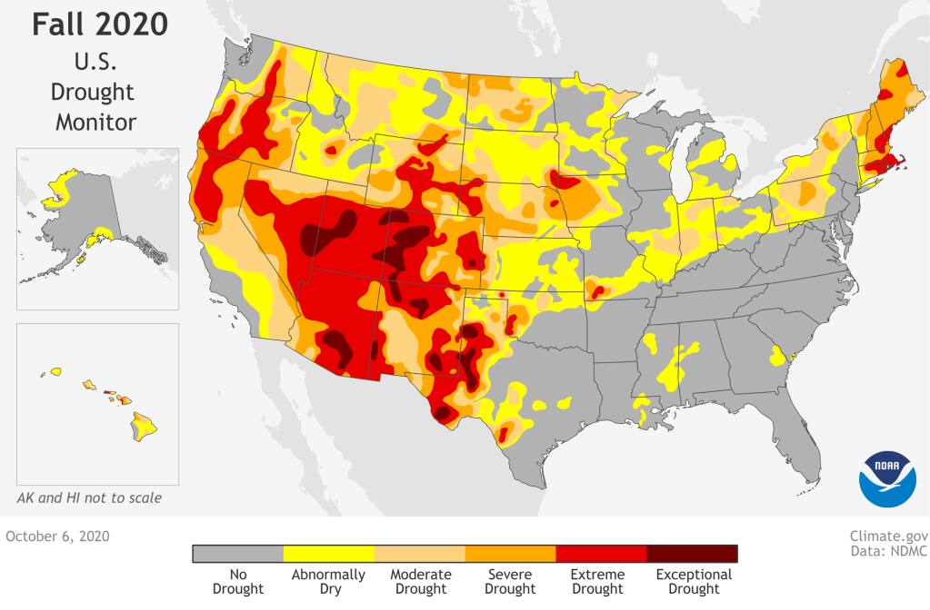 This NOAA map, based on data provided by the Climate Prediction Center, shows predictions for extreme (bright red) to exceptional (dark red) drought conditions existed across much of the U.S. West as of Oct. 6, 2020, with lesser categories of drought or dry conditions across much country outside of the Gulf and Southern Appalachian states, which have received rainfall from several tropical systems over the summer. (Climate.gov)