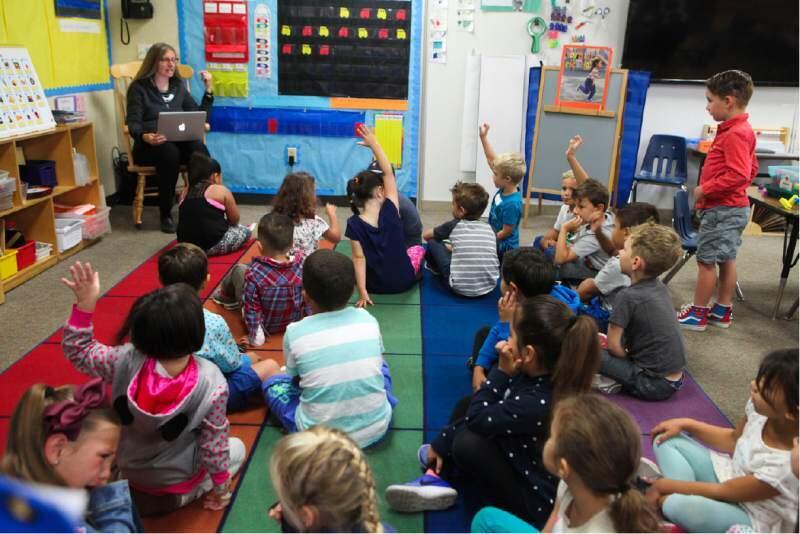 CRISTINA PASCUAL/ARGUS-COURIER STAFFKindergarten teacher Heidi Bell welcomes her new students on the first day of school at Loma Vista Immersion Academy in the Old Adobe School District. Loma Vista is the fastest growing elementary school in Sonoma County.