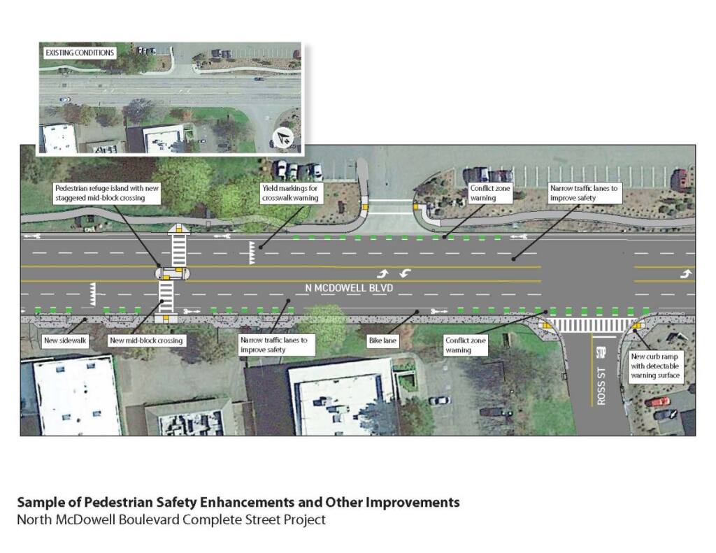 A graphic shows planned safety improvements to North McDowell Boulevard. If approved, construction could begin later this year and end in the fall of 2023. (Image provided by the City of Petaluma)