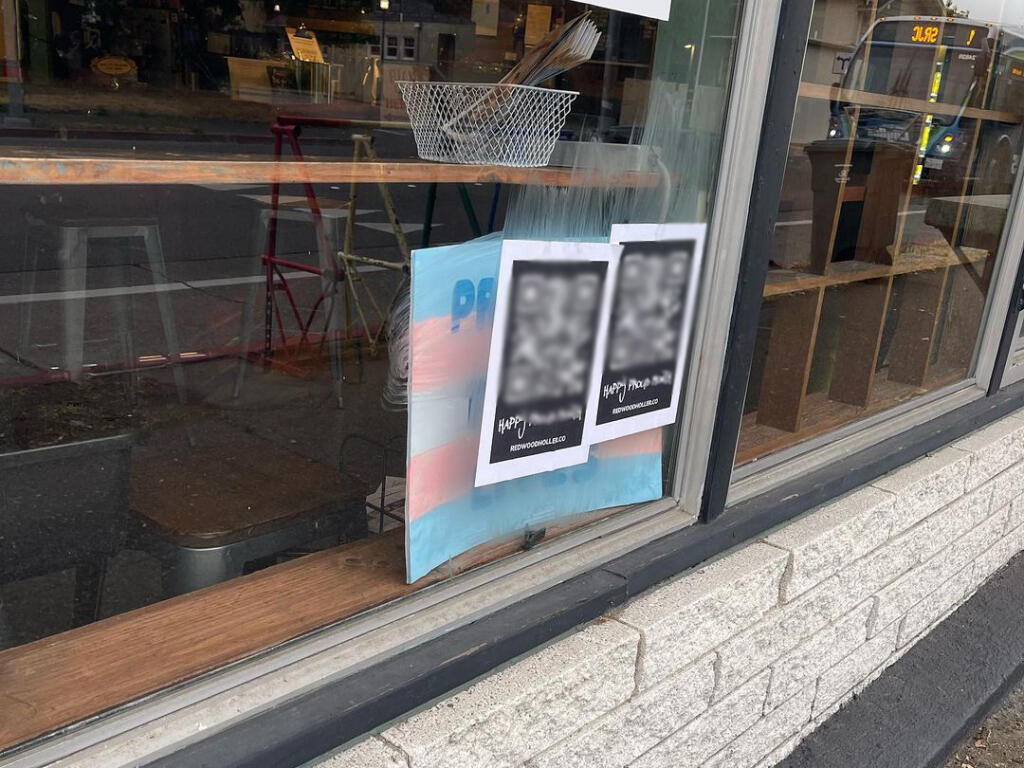 Employees at Brew Coffee and Beer House in downtown Santa Rosa found their establishment vandalized Monday, June 12, 2023, with flyers promoting anti-LGBTQ+ propaganda. (Brew Coffee and Beer House)