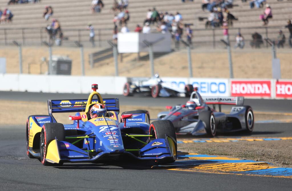 Alexander Rossi makes his way through the turns during his last race of the 2018 Verizon IndyCar Series Sunday, Sept. 16, 2018 in Sonoma, Calif. (Elias Funez/The Union via AP)