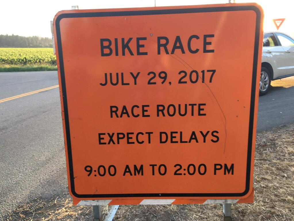 Signs are up around Sonoma County warning drivers of closures due to Ironman Santa Rosa. (CATHY BARNETT/ PD)