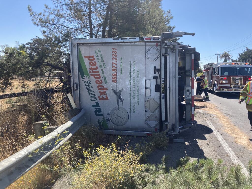 A commercial box truck was headed west on Lakeville Highway when it collided with the side of a Volkswagen Jetta going in the opposite direction near Browns Lane, Petaluma police said. (Petaluma Police Department)