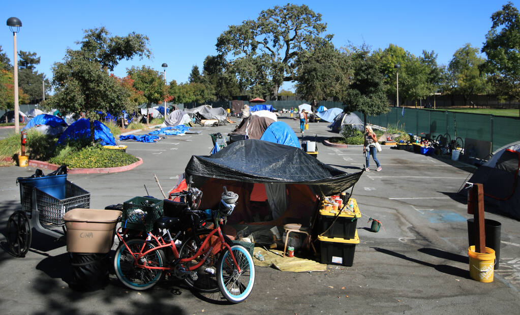 The city of Santa Rosa's sanctioned homeless encampment, Wednesday, Oct. 21, 2020, at the Finley Community Center on College Avenue. (Kent Porter / The Press Democrat)