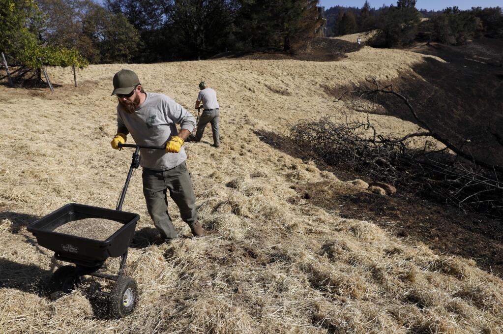 Sonoma County Regional Parks maintenance workers Trevor Thompson, left, and Charlton Tupman spread fescue and wildflower seeds over freshly laid straw in an effort to combat erosion at Hood Mountain Regional Park in November 1, 2017. The department may be asking for a 1/8 cent sales tas in a November ballot measure. (BETH SCHLANKER/ The Press Democrat)