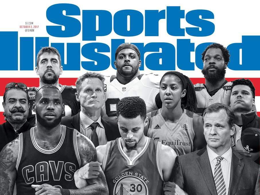 Sports Illustrated used the likeness of Stephen Curry, Bruce Maxwell and Aaron Rodgers to illustrate the ongoing tension between professional athletes and President Trump, but omitted Colin Kaepernick from the cover's statement. (SPORTS ILLUSTRATED)