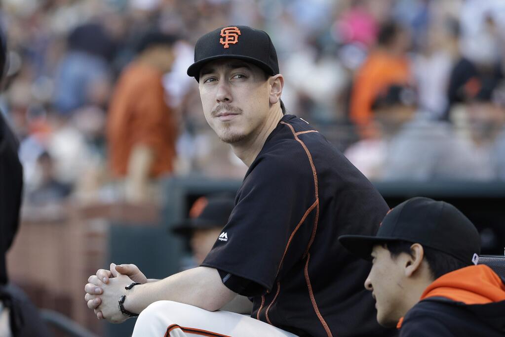 This July 28, 2015 file photo shows San Francisco Giants pitcher Tim Lincecum looking on during a game against the Milwaukee Brewers in San Francisco. (AP Photo/Jeff Chiu, file)