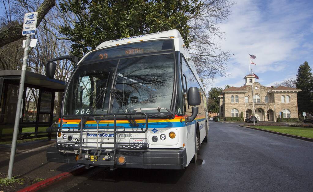 The No. 32 Sonoma County Transit bus starts its 'Sonoma shuttle' route at the Sonoma Plaza. Ror the next year and half, the city and county are sponsoring on free ridership within the Valley area. (Photo by Robbi Pengelly/Index-Tribune)