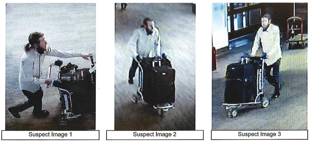 In these Jan. 24, 2018 images released by the San Francisco Police Department, a suspect is seen wheeling away a black roller suitcase containing a $25,000 unicycle at the San Francisco International Airport. Someone at the San Francisco airport stole a 7-foot unicycle used by the Red Panda Acrobat for her plate-juggling routine and the legendary performer is offering a $2,000 reward to get it back. On Wednesday, Jan. 31, 2018 police released surveillance photos from Jan. 24 that show a man wheeling away a black bag containing the unicycle belonging to acrobat Rong Niu. (San Francisco Police Department via AP)