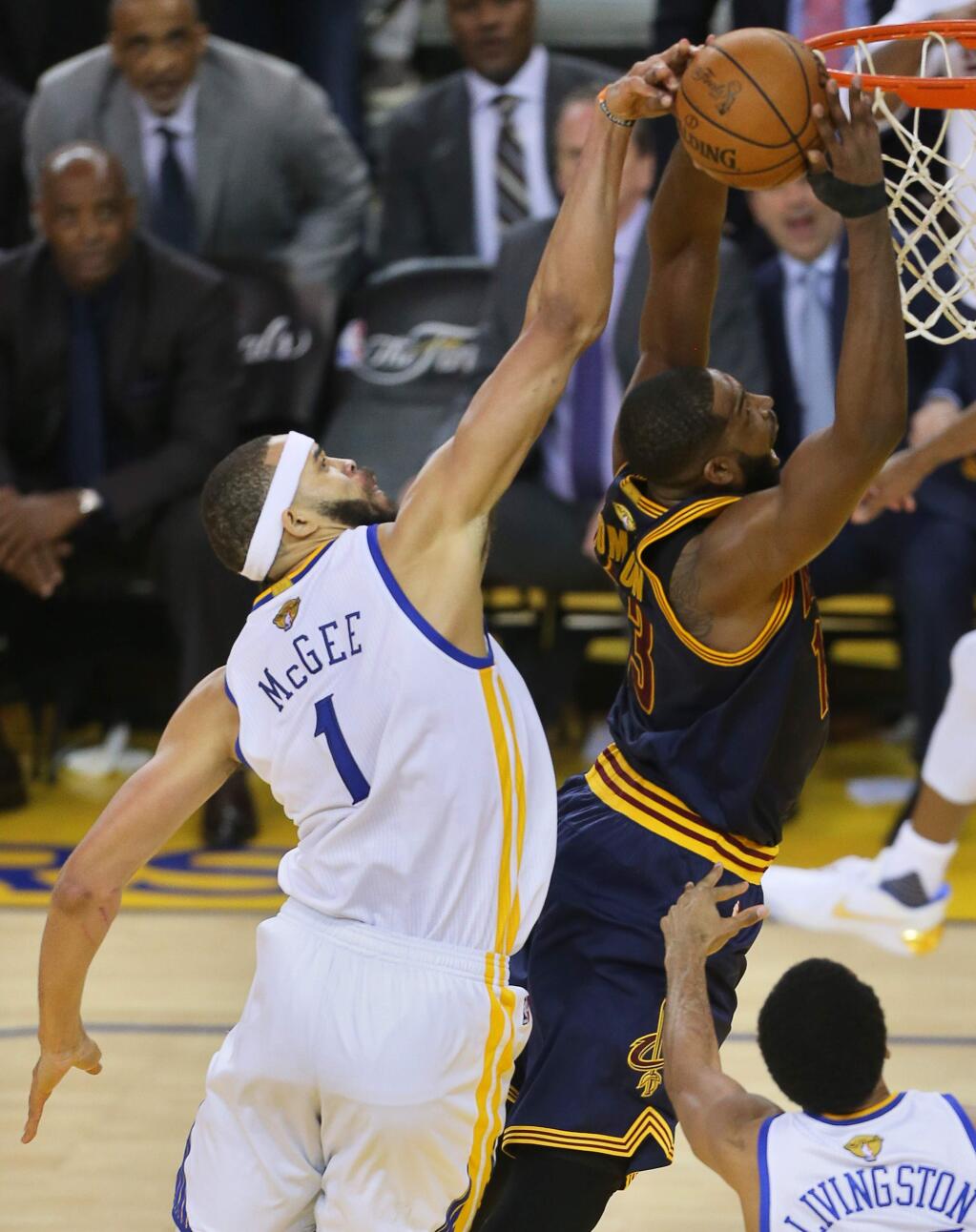 Golden State Warriors center JaVale McGee blocks a shot attempt by Cleveland Cavaliers center Tristan Thompson during Game 1 of the NBA Finals in Oakland on Thursday, June 1, 2017. The Warriors defeated the Cavaliers 113-91. (Christopher Chung / The Press Democrat)