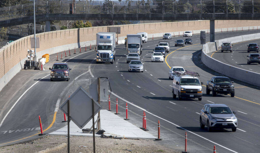 This photo from March 8, 2022, looks south at traffic headed northbound on Highway 101 at the E. Washington Exit. (Chad Surmick / The Press Democrat)