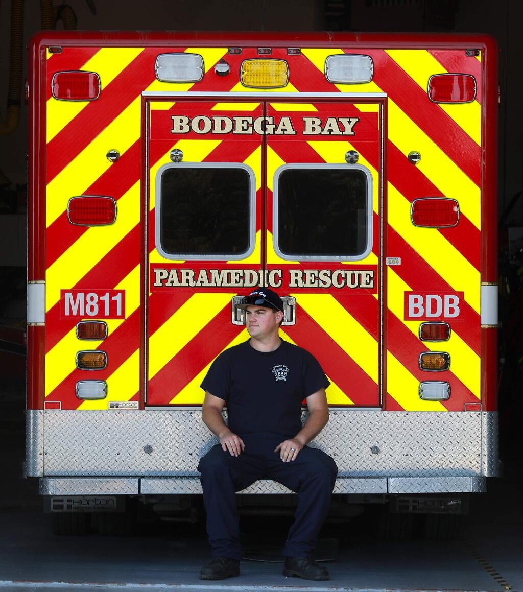 Bodega Bay firefighter/paramedic Jason Downing is a member of the ambulance crew for the coastal station. (JOHN BURGESS/ PD)