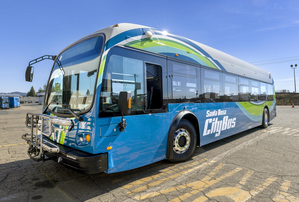The City of Santa Rosa in 2022 purchased four all-electric buses from vehicle manufacturer Proterra (pictured above). Sonoma County has purchased 10 of the same new electric Proterra transit buses to replace gas-powered buses currently in use. (John Burgess/The Press Democrat)