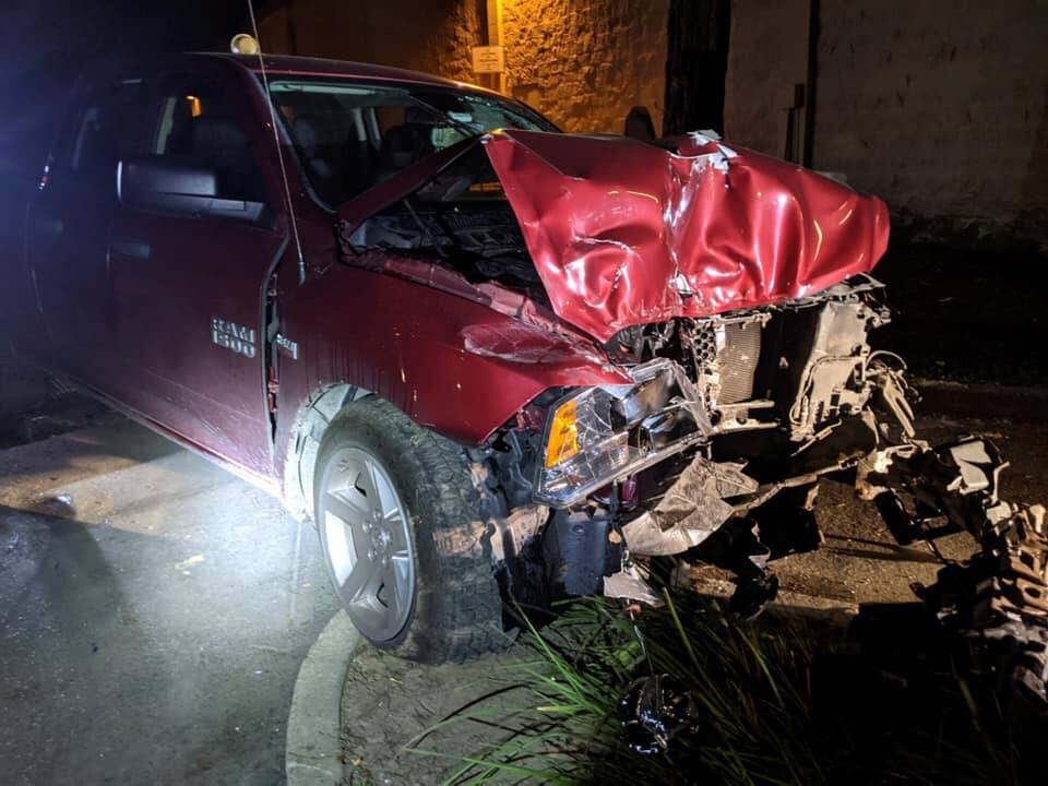 A Dodge pickup reported stolen and driven by a DUI suspect in a Feb. 23, 2021 hit-and-run incident at the Guerneville Safeway, where the driver crashed into two vehicles and a tree before being arrested. (California Highway Patrol)