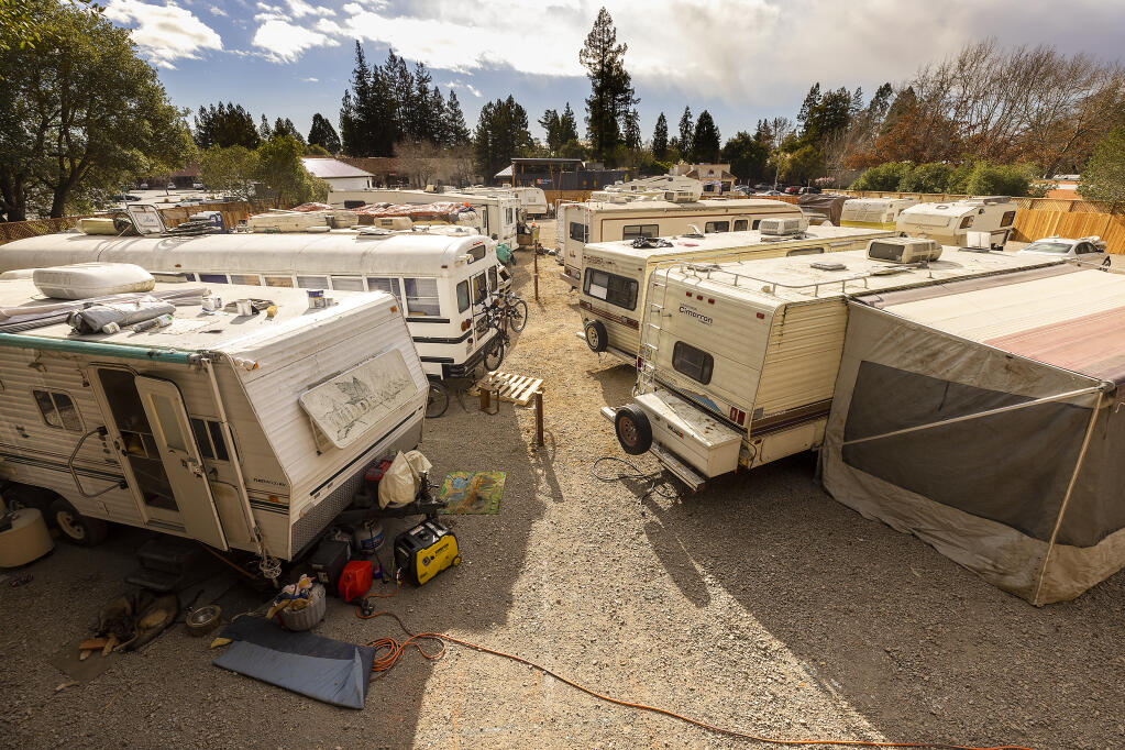 The 18 sites for homeless residents from Morris street were all occupied at the new safe parking location on Hwy 116 in northern Sebastopol on Monday, February, 21, 2022. (Photo by John Burgess/The Press Democrat)
