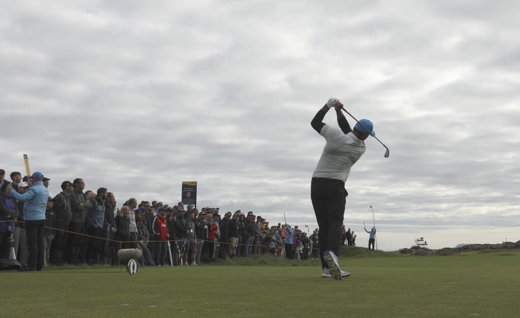 Brooks Koepka of the United States plays his tee shot on the 4th hole during the second round of the British Open Golf Championships at Royal Portrush in Northern Ireland, Friday, July 19, 2019.(AP Photo/Jon Super)