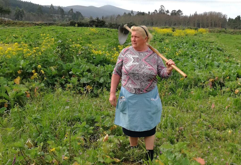 Dolores Leis stands in a field on her farm in Galicia, in northern Spain, Thursday April 19, 2018. Leis, has found unexpected fame on social media after many found she bore a striking resemblance to U.S. President Donald Trump. Thousands of responses flooded in last week after a journalist reporting on farming in northwestern Spain posted on Instagram a picture of Dolores Leis dressed in farm clothing with a hoe over her shoulder. (Paula Vazquez via AP)