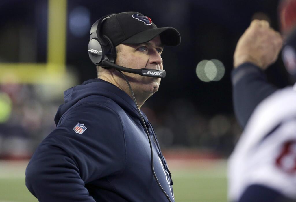 Houston Texans coach Bill O'Brien watches from the sideline during the first half of the team's NFL divisional playoff football game against the New England Patriots, Saturday, Jan. 14, 2017, in Foxborough, Mass. (AP Photo/Steven Senne)