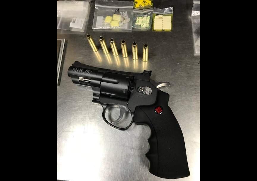 Officers were called to downtown Santa Rosa on Sunday evening on reports of a man brandishing what resembled a revolver. When they arrived, they discovered a replica handgun and said the suspect also was in possession of narcotics. (Santa Rosa Police Department)