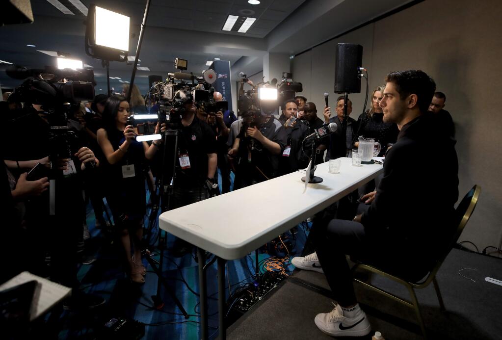 San Francisco quarterback Jimmy Garoppolo answers questions from the media during team interviews, Tuesday, Jan. 28, 2020 in Miami. (Kent Porter / The Press Democrat)