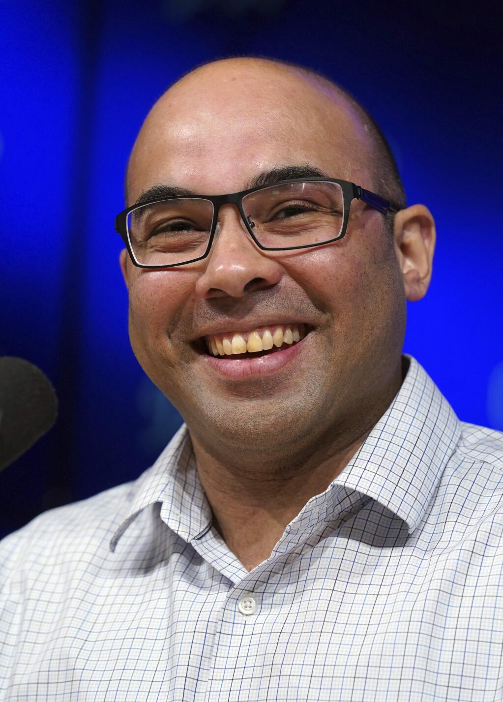 Los Angeles Dodger general manager Farhan Zaidi talks talks about the baseball season and the future of the team and players during a press conference on Thursday, Nov. 1, 2018, at Dodger Stadium in Los Angeles. (Scott Varley/The Orange County Register via AP)