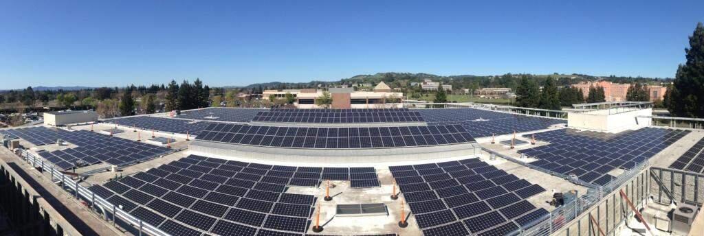 Redwood Credit Union's new 2,036-panel array atop its Santa Rosa headquarters building is estimated to offset 60 percent of annual electricity use there. (courtesy of Redwood Credit Union)