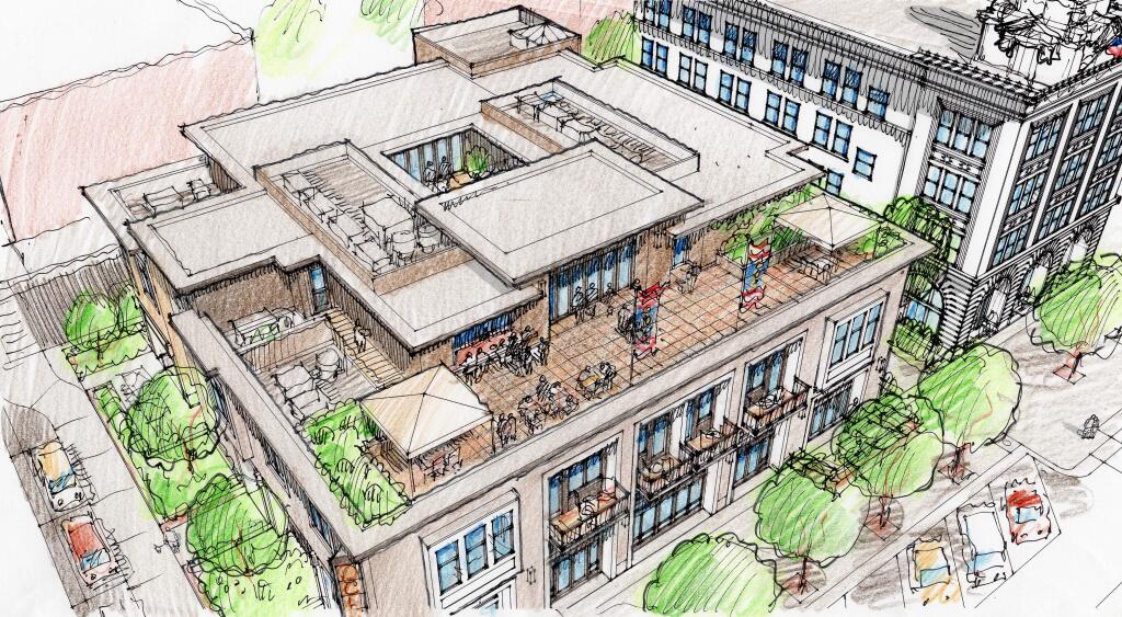 Artist's rendering of the rooftop cafe and bar at a boutique hotel under development at Old Courthouse Square in Santa Rosa. (HUGH FUTRELL CORP.)