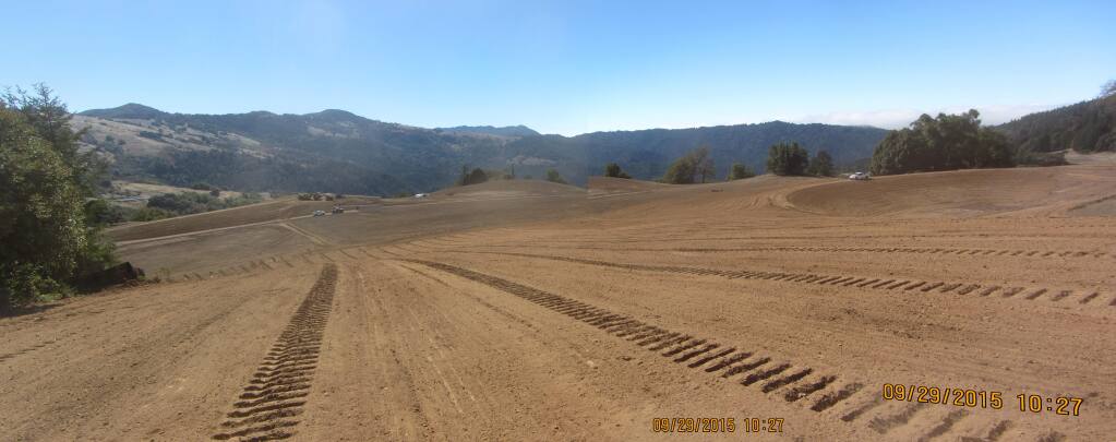 A closer look at grading work done at a vineyard in Mendocino County. The un-permitted work, which covered a protected wetland, will cost Rhys Vineyards $3.76 million in penalties from state agencies. (State Water Resources Control Board, Division of Water Rights).