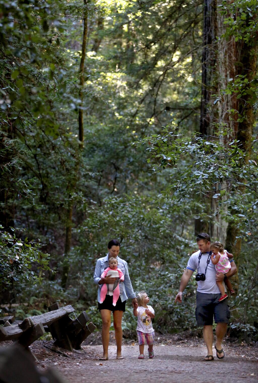 Kelly Norris, her husband, Bryan, and their three daughters Laila, 2, center, Kinley, 1, right, and Hannah, 6-months, walk together at Armstrong Woods State Natural Reserve in Guerneville, California on Sunday, October 5, 2014. (BETH SCHLANKER/ The Press Democrat)