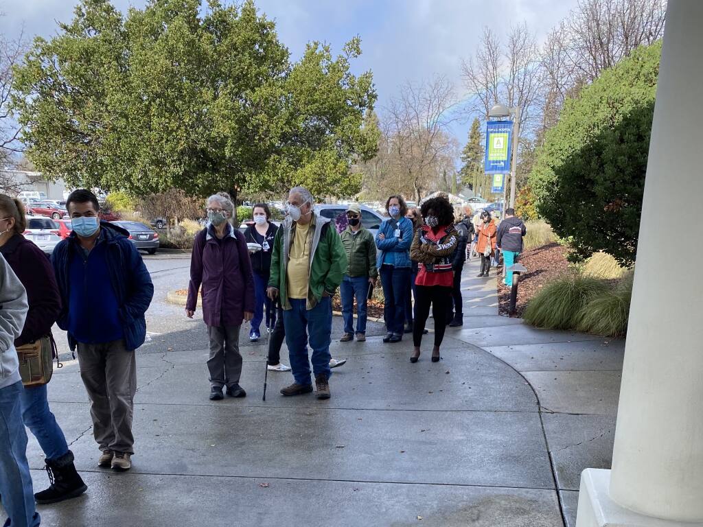 People line up for doses of the Moderna coronavirus vaccine at Ukiah Valley Medical Center on Monday, Jan. 4, 2021, after a freezer holding 830 doses failed. (Adventist Health)