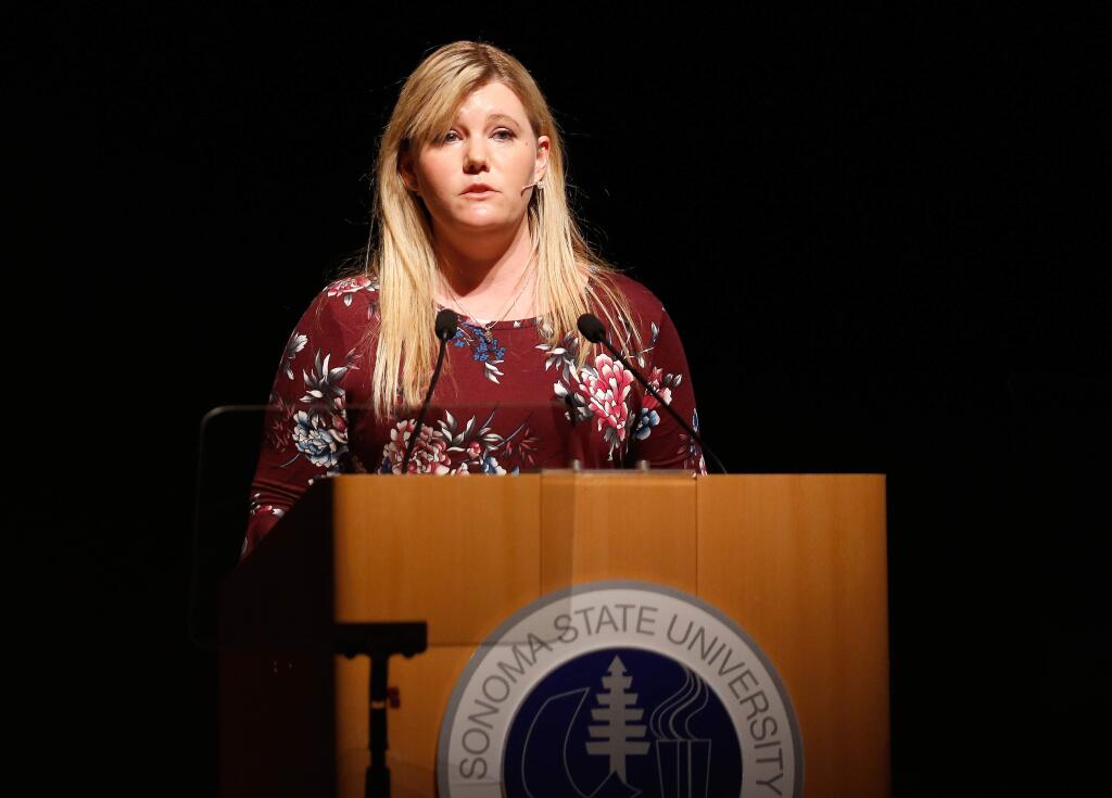 Best-selling author, founder of the JAYC Foundation, and abduction survivor Jaycee Dugard recounts her life experiences during Women in Conversation, at Weill Hall at Sonoma State University in Rohnert Park, California, on Wednesday, Sept. 26, 2018. (Alvin Jornada / The Press Democrat)