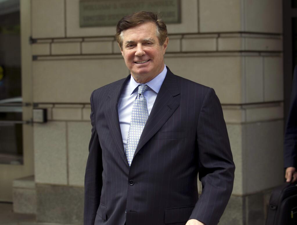 FILE - In this May 23, 2018, file photo, Paul Manafort, President Donald Trump's former campaign chairman, leaves the Federal District Court after a hearing in Washington. Manafort is suffering from depression and anxiety and is at times confined to a wheelchair because of gout. That's according to a court filing from defense lawyers Tuesday, Jan. 8, 2019, responding to allegations that Manafort has repeatedly lied to special counsel Robert Mueller's team of investigators. (AP Photo/Jose Luis Magana, File)