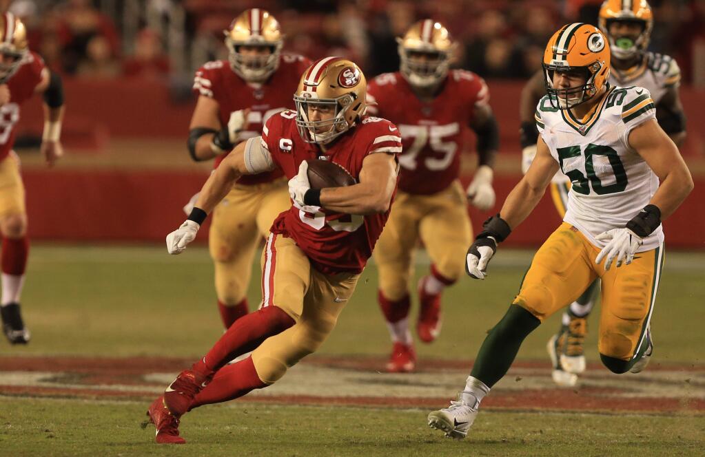 49ers tighte end George Kittle cuts upfield for a first down during San Francisco's 37-8 win over Green Bay, Sunday, Nov. 24, 2019 in Santa Clara. (Kent Porter / The Press Democrat)