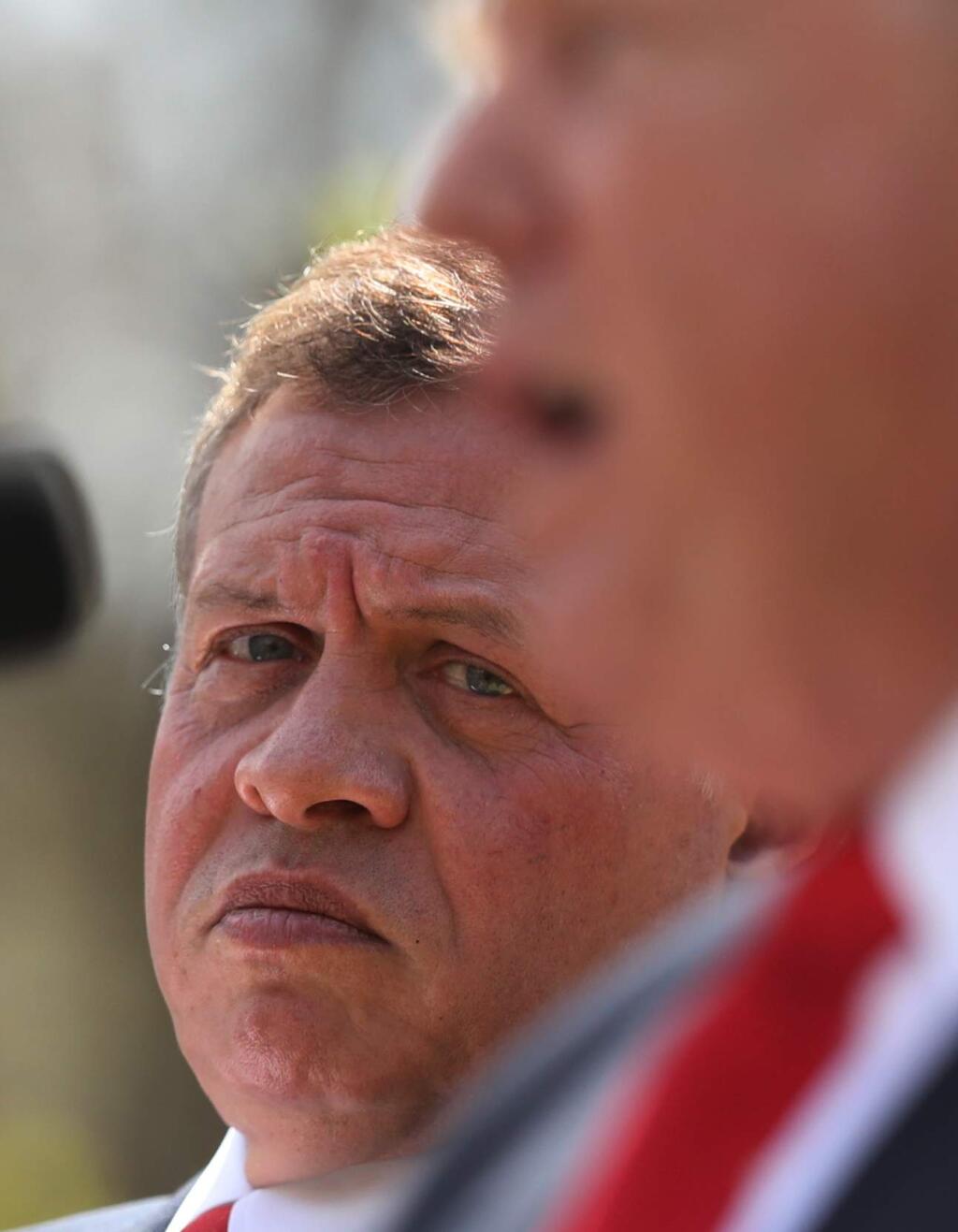 Jordan's King Abdullah II listens as President Donald Trump speaks during their news conference in the Rose Garden at the White House in Washington, Wednesday, April 5, 2017. (AP Photo/Andrew Harnik)