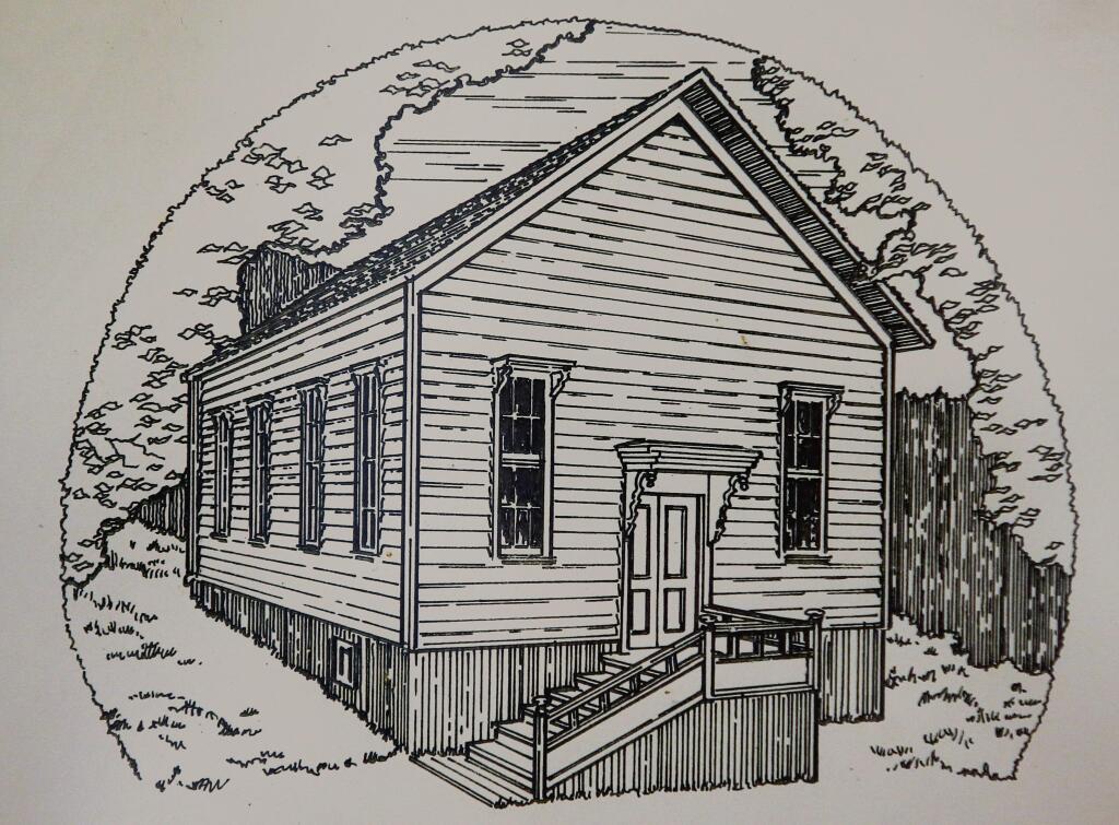 A copy of an etching depicts the original Bennett Valley Guild Hall.(Christopher Chung/ The Press Democrat)