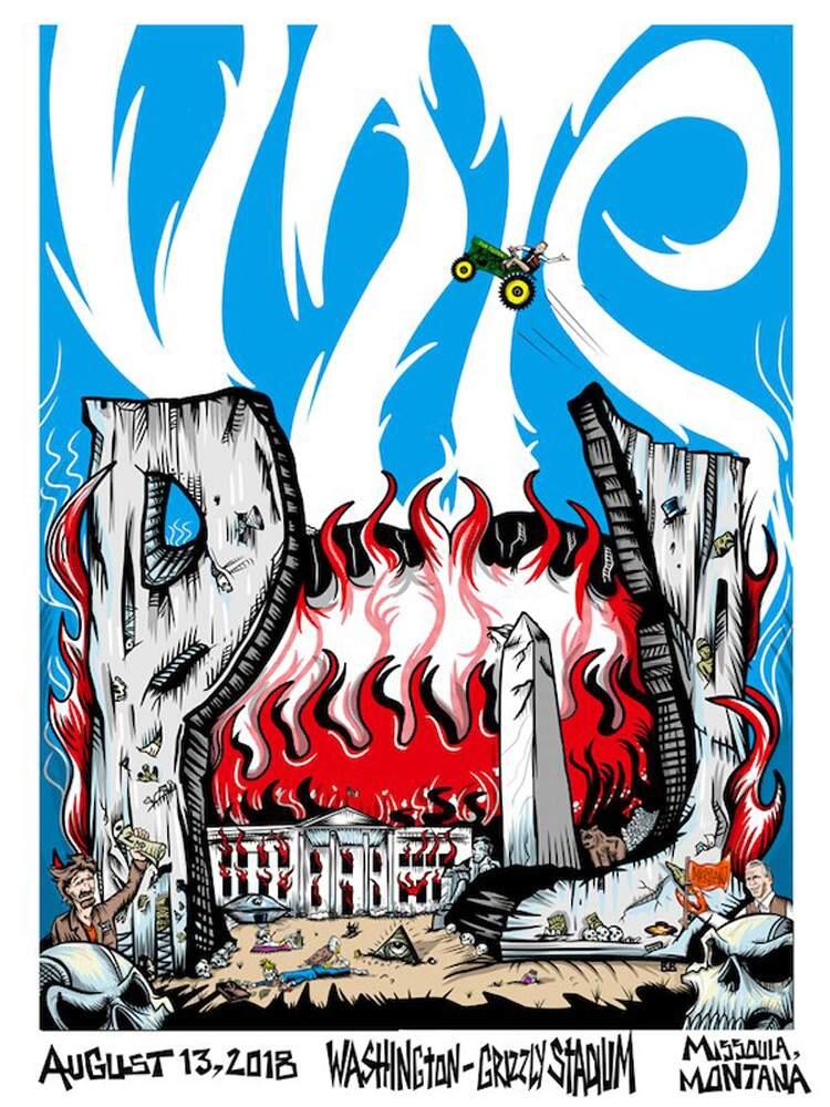 This image taken from the Twitter account of Pearl Jam shows the official poster from the band's concert on Monday, Aug. 13, 2018 in Missoula, Mont. Republicans condemned the poster that shows the White House in flames and a bald eagle pecking at a skeleton they say is meant to depict President Donald Trump. (Twitter via AP)