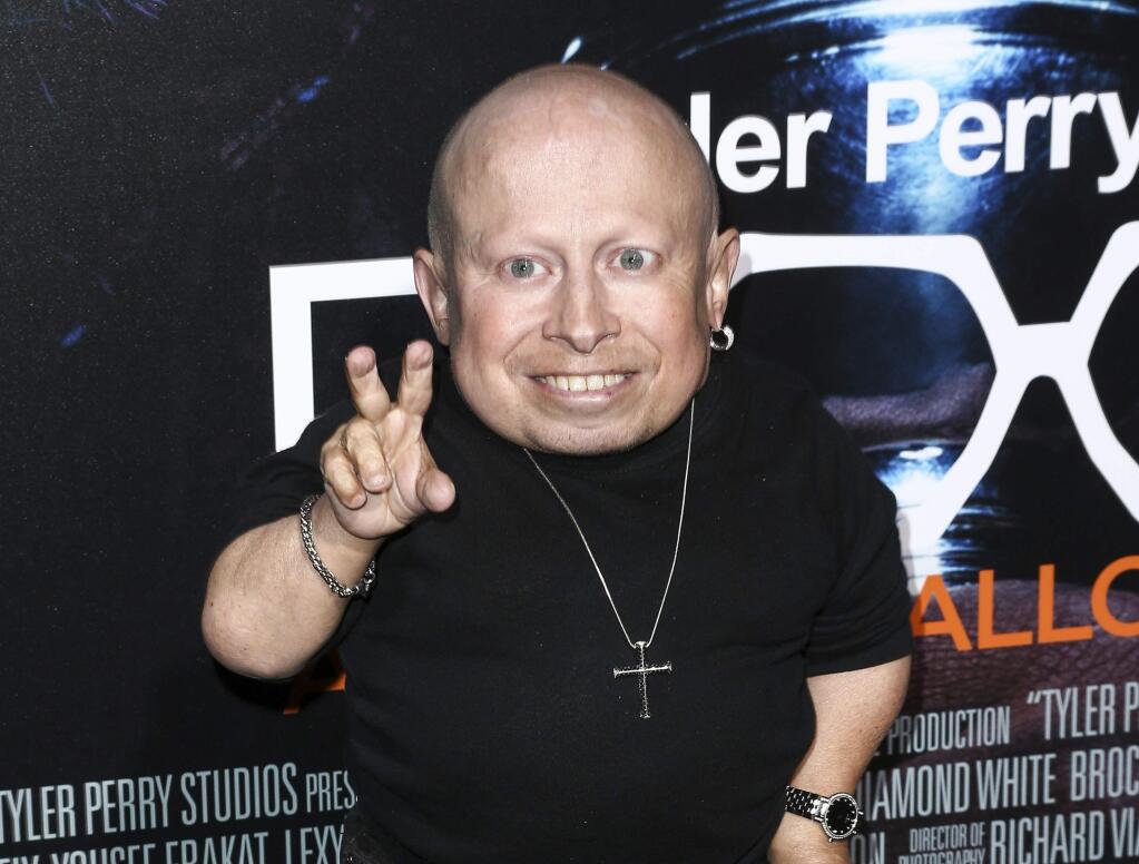 FILE - In this Oct. 17, 2016 file photo, Verne Troyer attends the world premiere of 'BOO! A Madea Halloween' in Los Angeles. The Los Angeles County coroner says Troyer, who was best known for his role as Mini-Me in the 'Austin Powers' films and who died on April 21, 2018, died of suicide by alcohol intoxication. The coroner's office released its findings Wednesday, Oct. 10. His representatives said he was struggling with depression. (Photo by John Salangsang/Invision/AP, File)
