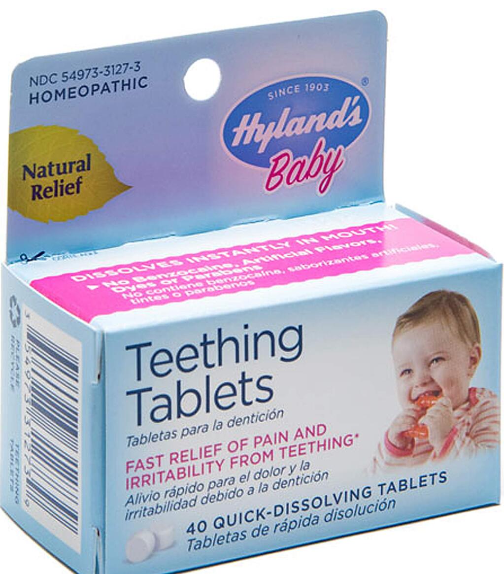 This image provided by the U.S. Food & Drug Administration shows Hyland's Baby Teething Tablets. Late Thursday, April 13, 2017, the FDA said that two versions of Hyland's teething tablets are being recalled nationwide due to inconsistent levels of toxic belladonna, which makes them “a serious health hazard” to young children. The recall covers all Hyland's Baby Teething Tablets and Hyland's Baby Nighttime Teething Tablets, products meant to relieve discomfort from emerging teeth. (Courtesy of U.S. Food & Drug Administration via AP)