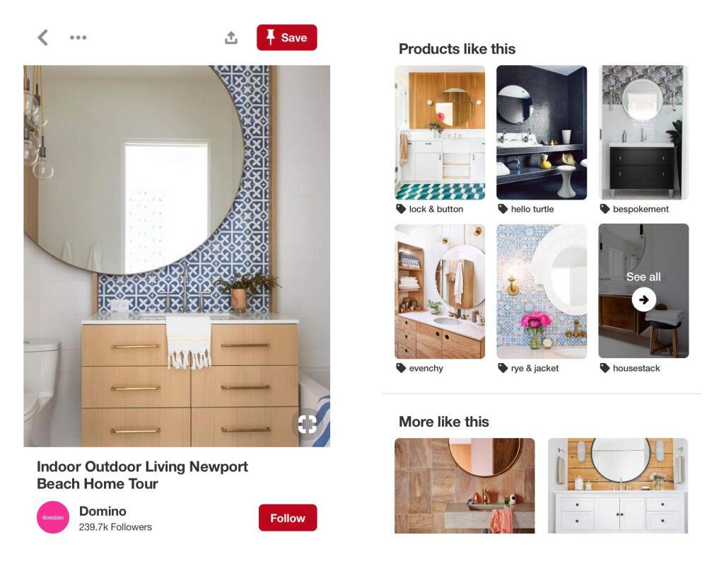 This undated product image provided by Pinterest shows a new Pinterest products like this search. In another step toward revenue growth and to give users something they've been asking for, the company is announcing Tuesday, Oct. 16, 2018, that it is making more of its “pins,” the photos and illustrations users post and save for inspiration, “shoppable.” If the exact item is not available, Pinterest is making it easier for people to find similar ones, in home decor and fashion, to start, that match aesthetically. (Pinterest via AP)