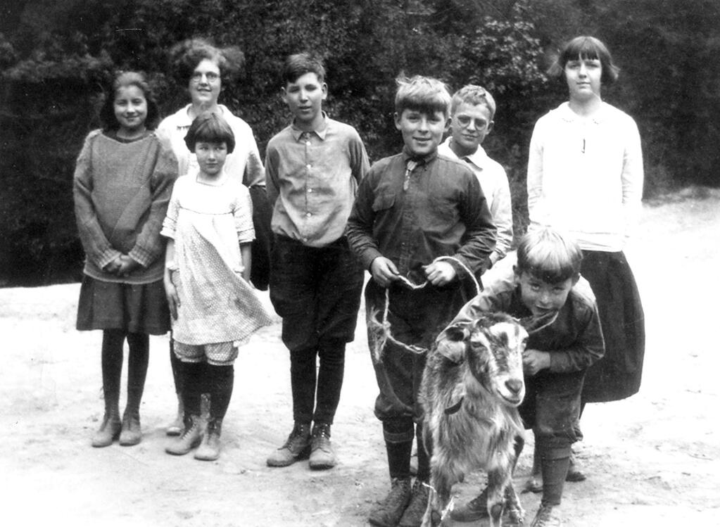 Students at Daniels School, 1925. Elizabeth Gray, Elinor Harper, Stanley Stuart, Leland Smith, Georgia Lawler, Stewart Wade, Phyllis Fuller, goat, Bob Wade. (Courtesy of the Healdsburg Museum).