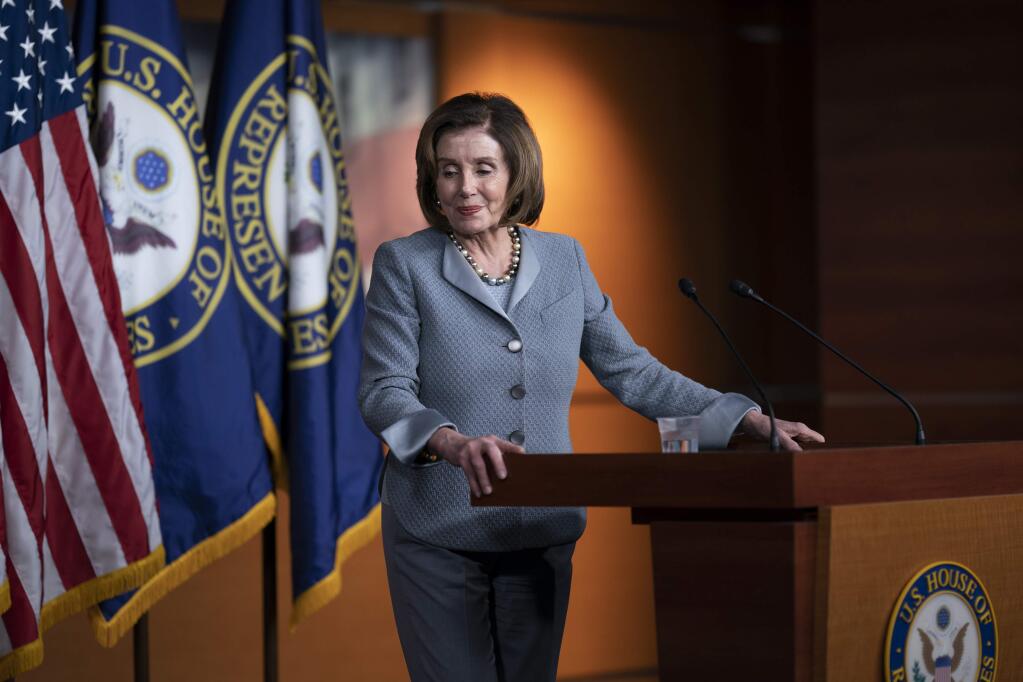 Speaker of the House Nancy Pelosi, D-Calif., turns for the podium at the conclusion of a news conference on Capitol Hill in Washington, Thursday, Feb. 27, 2020. Democrats are increasingly anxious about Bernie Sanders and the damage they feel the party's presidential front-runner could do to their prospects of retaining House control. There are also growing questions about what, if anything, Speaker Nancy Pelosi should do about it. (AP Photo/J. Scott Applewhite)