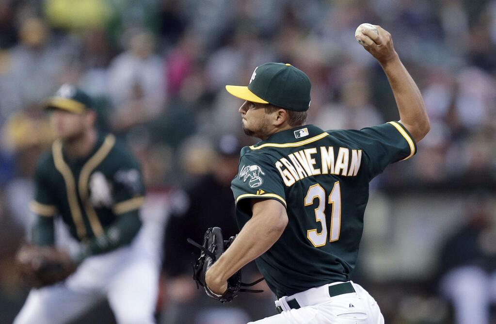 Oakland Athletics' Kendall Graveman pitches to a New York Yankees batter during the first inning of a baseball game Thursday, May 28, 2015, in Oakland. (AP Photo/Ben Margot)