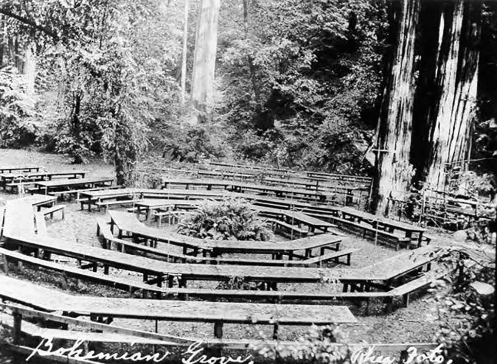 Tables are arranged in a circle in grove of trees at Bohemian Grove in 1907. (Courtesy of the Sonoma County Library)