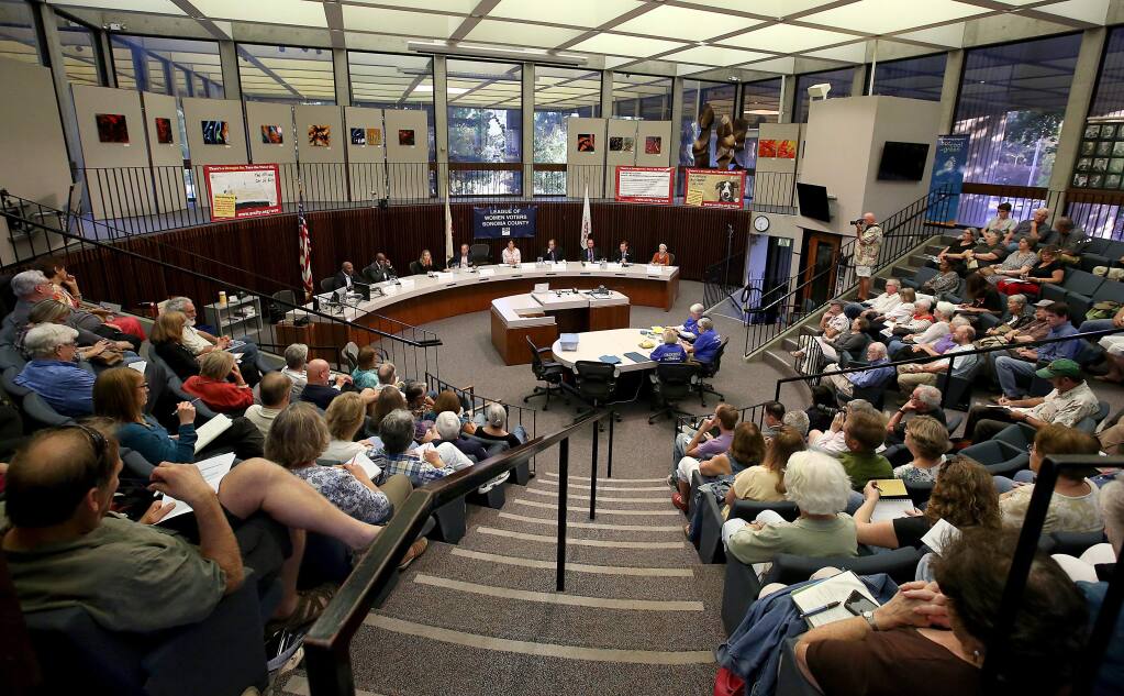 (FILE, 2014) The Santa Rosa City Council chambers, during a forum hosted by the League of Women Voters of Sonoma County.(Crista Jeremiason / The Press Democrat)