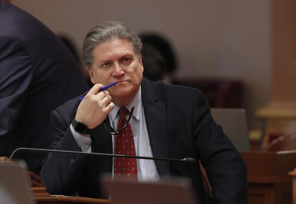 In this Thursday, May 16, 2019 photo, state Sen. Bob Hertzberg, D- Van Nuys, at the Capitol in Sacramento, Calif. The California Senate approved Hertzberg's bill, SB51, on Tuesday May 21, 2019, that would create special banks to handle money from legal marijuana retailers. The bill now goes to the Assembly for consideration. (AP Photo/Rich Pedroncelli)
