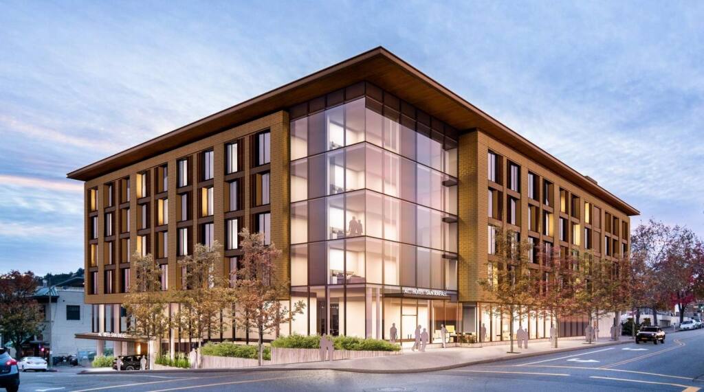 Architectural rendering of a 140-room AC Hotel by Marriott in downtown San Rafael, to be located at 1201 Fifth Ave. After pandemic-induced delays, construction is well underway, with the hotel scheduled to open in early 2023.(courtesy of Marriott)