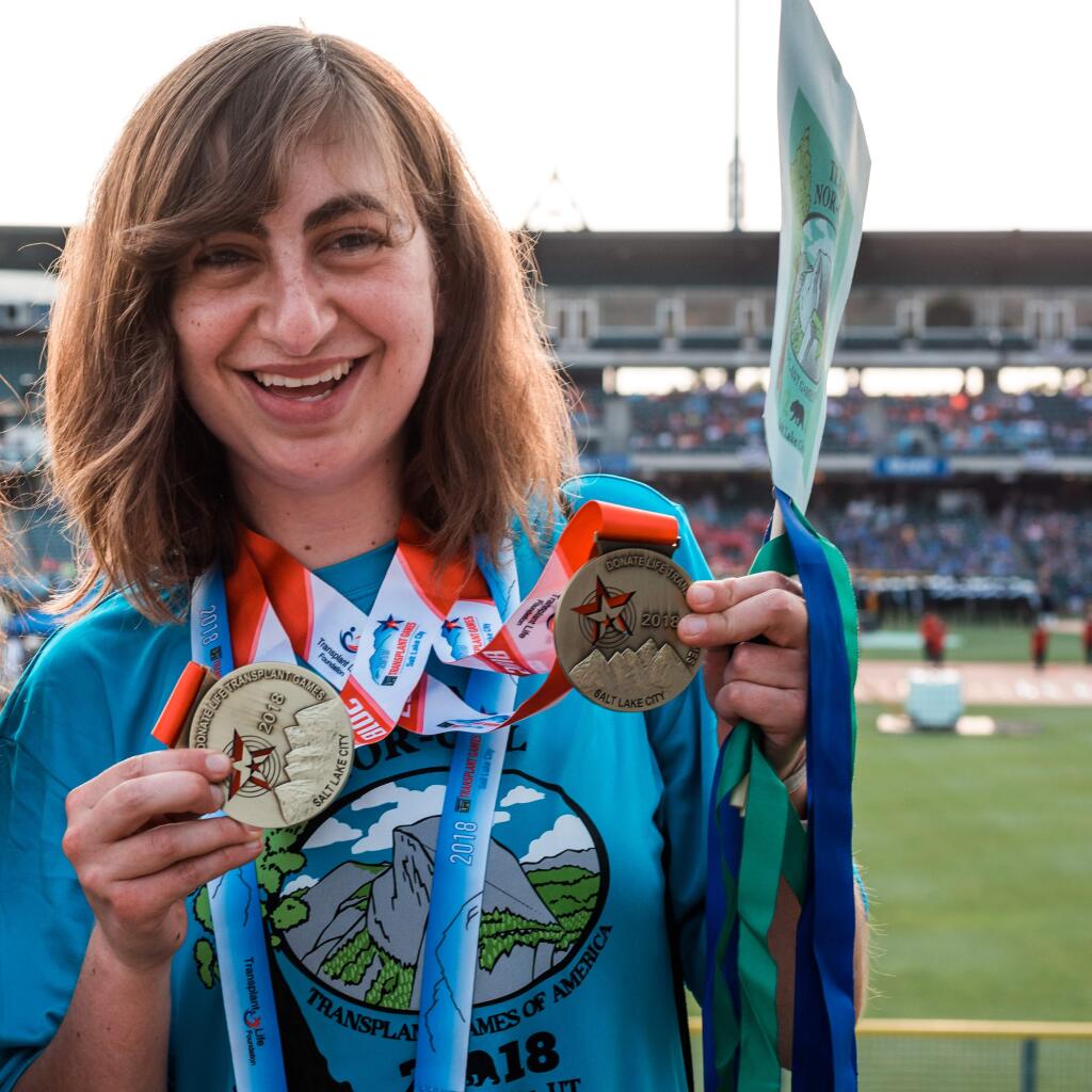 Kathleen Sheffer, who received a heart and lung transplant in 2016, earned three gold medals at the Transplant Games of America earlier this year.