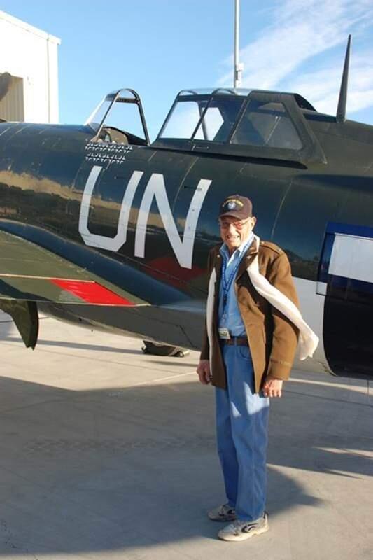 World War II veteran Darrel Shumard of Sebastopol with a Republic P-47 Thunderbolt similar to the one he had to bail from following a mid-air collision over Germany in 1945. He spent the rest of the war in a prisoner-of-war camp. (Photo by Kathie Morgan)