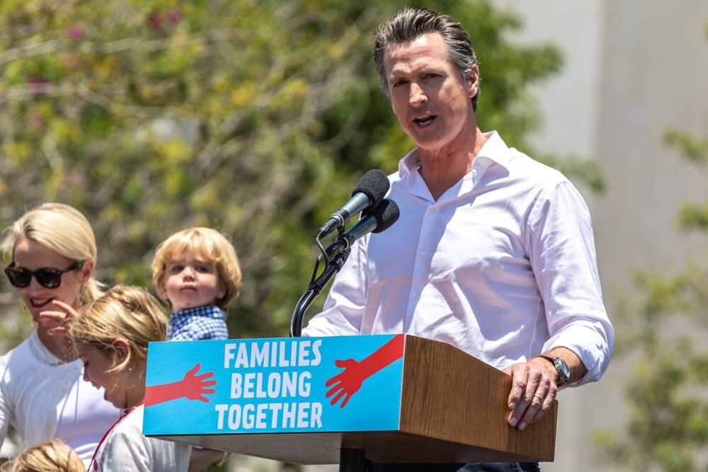 Gavin Newsom, speaking June 30 at a 'Families Beling Together' rally in Los Angeles.