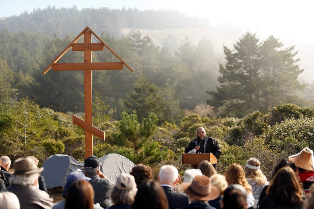 Tribal Chairman Dino Franklin Jr. of the Kashia Band of Pomo Indians speaks during the cemetery dedication ceremony at Fort Ross State Historic Park, near Jenner, California, on Saturday, Oct. 13, 2018. (Alvin Jornada / The Press Democrat)